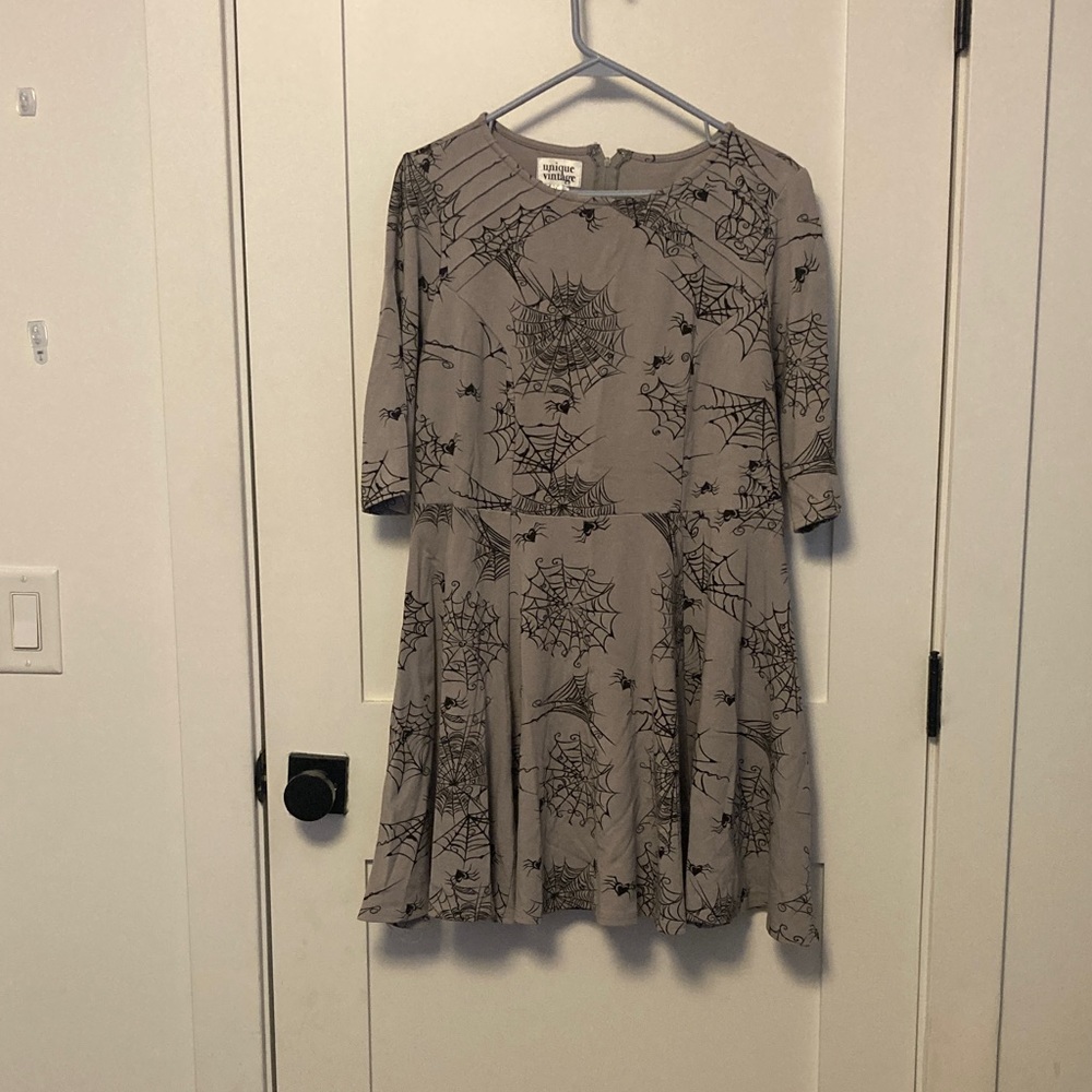 Unique Vintage Charcoal Dress with Black spider web design